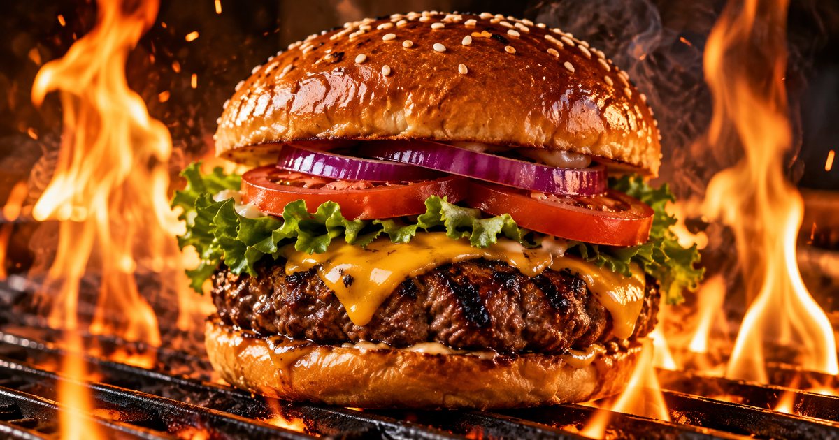 Hamburguesa a la parrilla con fuego